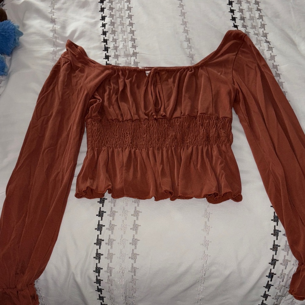 Smocked Off-Shoulder Long Sleeve Top - Rust